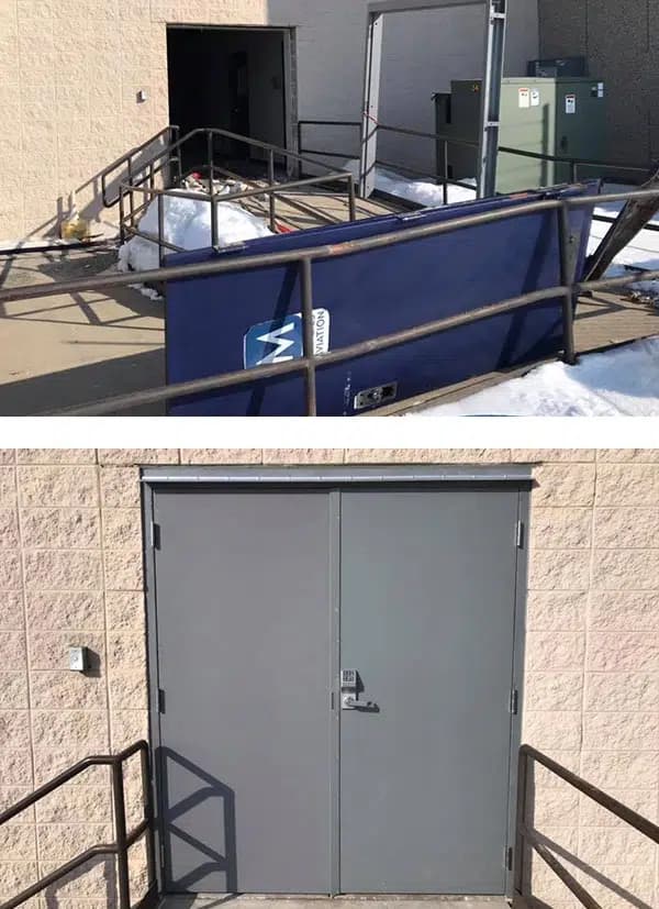 Before and after of a commercial double steel door replacement