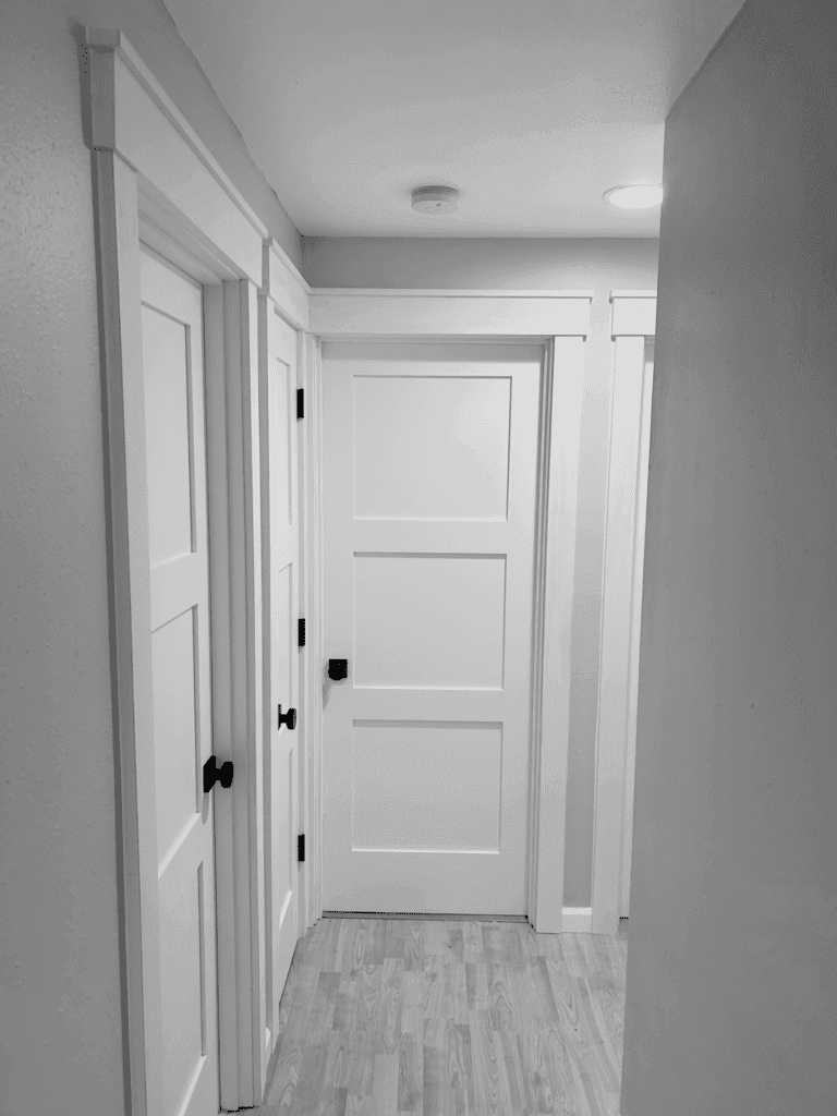 Hallway of interior doors with fresh white trim